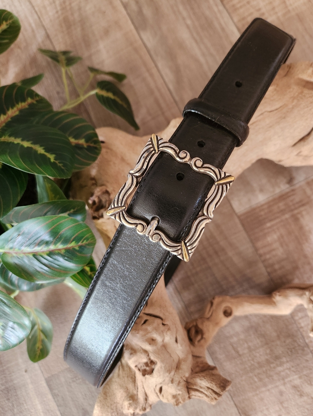 Fossil Black Leather Belt with Two-Tone Ornate Square Buckle Size Large